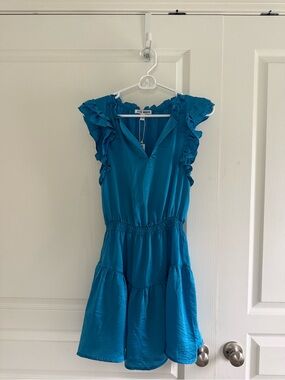 Steve Madden Teal Ruffle Sleeve V-Neck Mini Dress